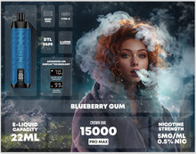 Load image into Gallery viewer, 15000 Puffs / Blubeberry Bubblegum / Single Al Fakher Crown Bar Vape
