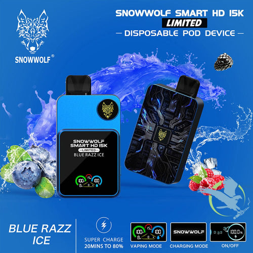 Blue Razz Ice Snowwolf Smart HD 15K Limited 20ML 15000 Puffs 650mAh Prefilled Nicotine Salt Rechargeable Disposable Pod Device With Dual Mesh Coil & HD Screen Animation - Display of 5