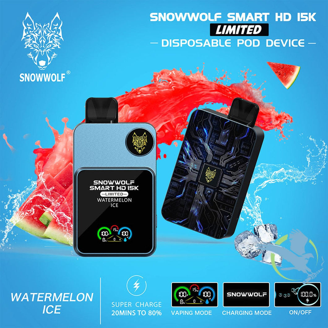 Watermelon Ice Snowwolf Smart HD 15K Limited 20ML 15000 Puffs 650mAh Prefilled Nicotine Salt Rechargeable Disposable Pod Device With Dual Mesh Coil & HD Screen Animation - Display of 5